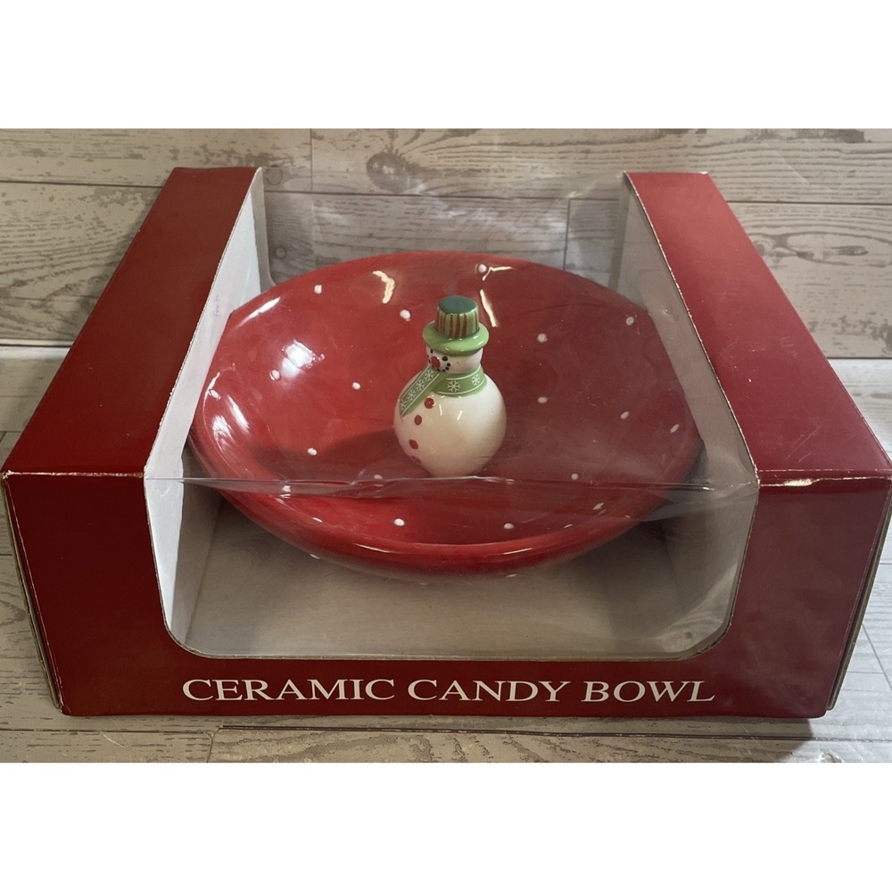 Snowman Christmas Dolomite Holiday Candy Bowl NITB Vintage 1990's 7" Round